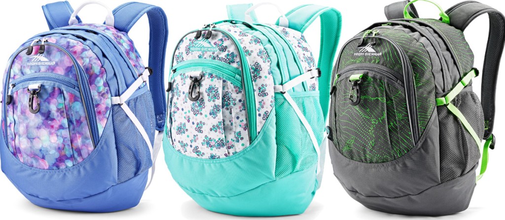 three backpacks in purple and blue bubble print, teal with floral print, and grey with lime green print
