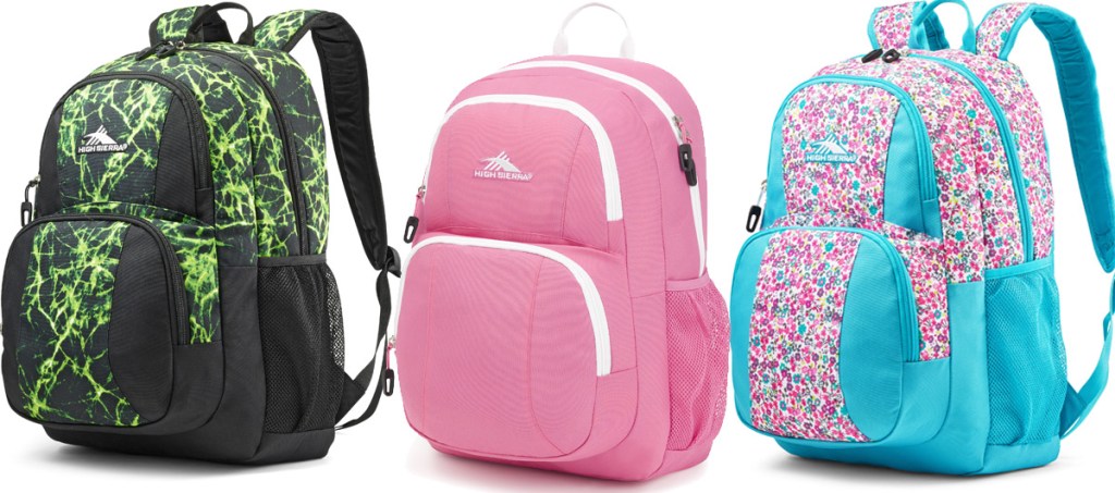 three backpacks with two front zip pockets in black with green print, pink with white zippers, and blue with floral prints