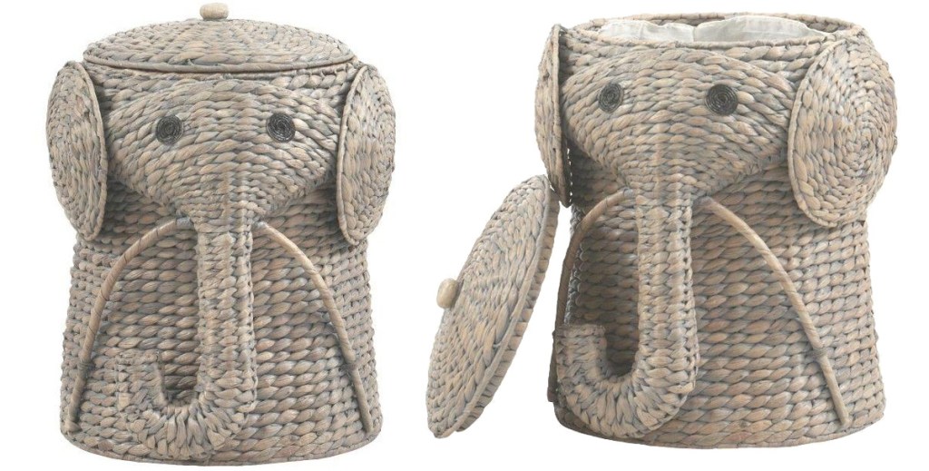 two views of a grey elephant shaped basket laundry hamper, one with lid off