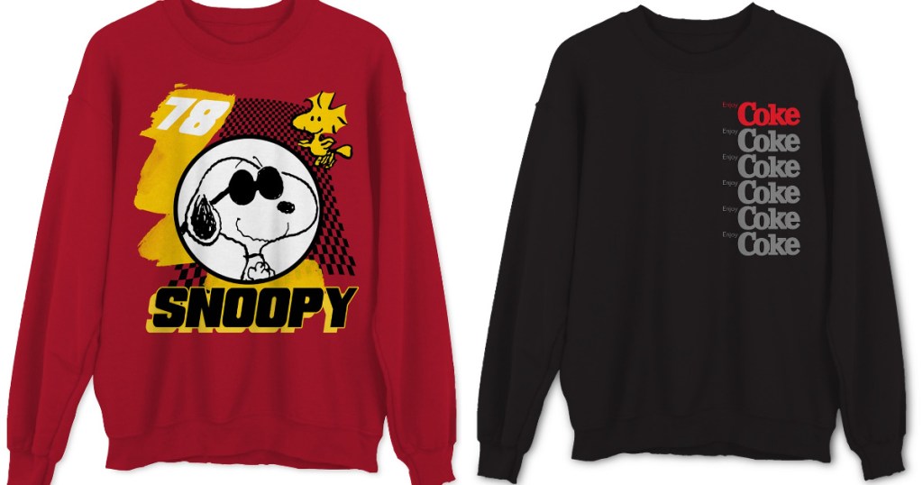 HyBrid Men's Sweatshirts with snoopy on red sweatshirt and coke logos on black sweatshirt