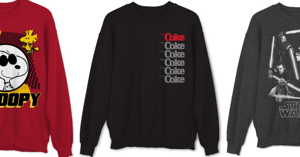 HyBrid Men's Sweatshirts with snoopy on red sweatshirt and coke logos on black sweatshirt and jedi knights on dark grey 