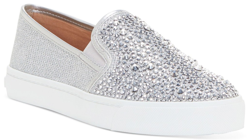 silver slip on sneakers with rhinestones all over the top