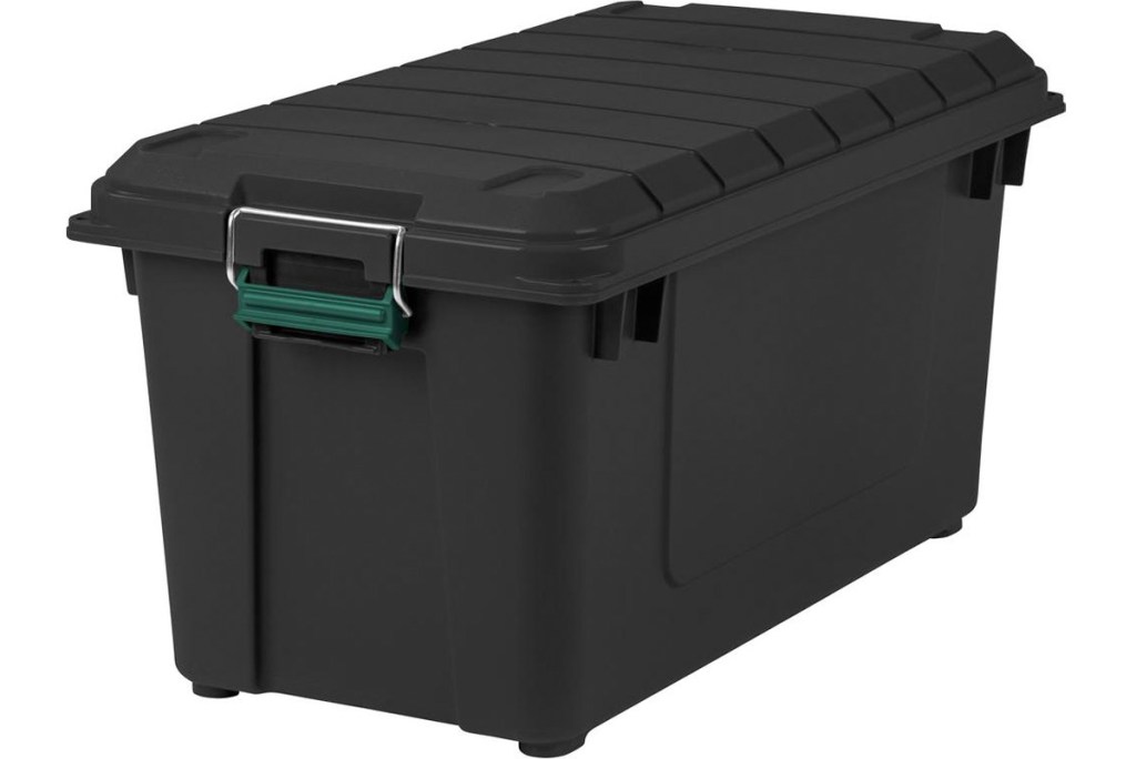 large black plastic storage container with silver and green latching handle