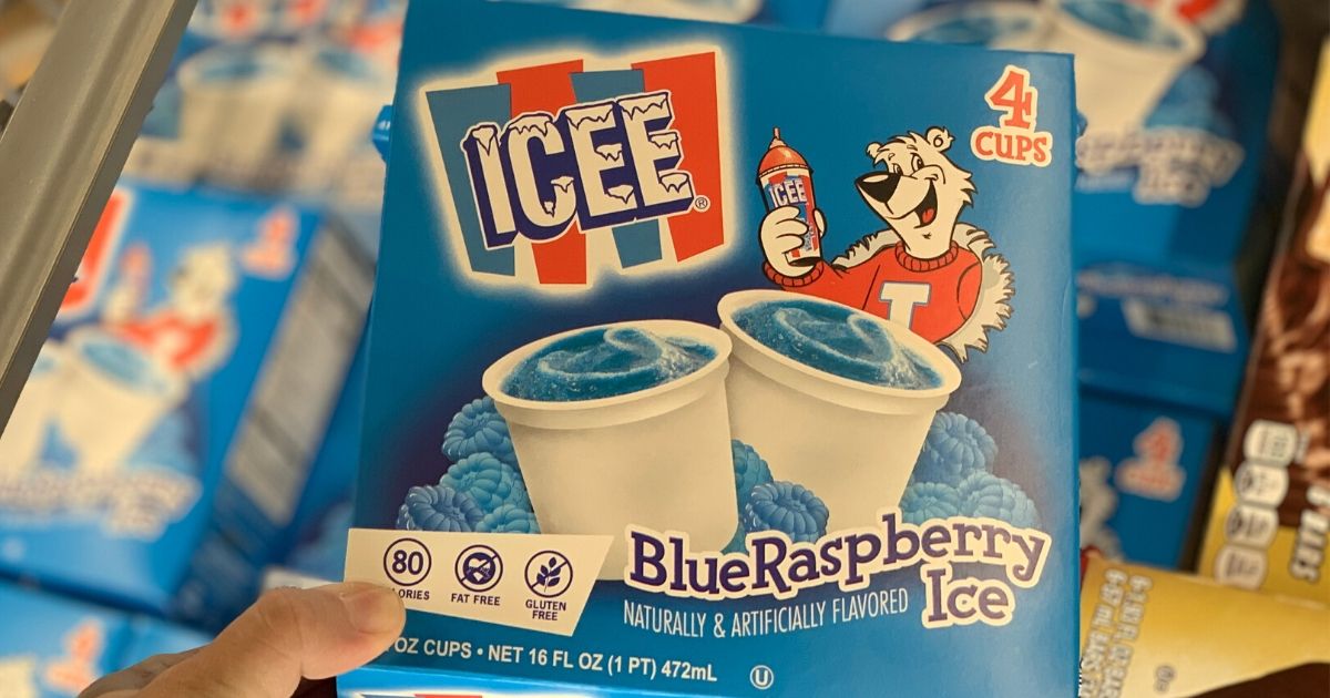 hand holding a box of frozen Icee drink cups