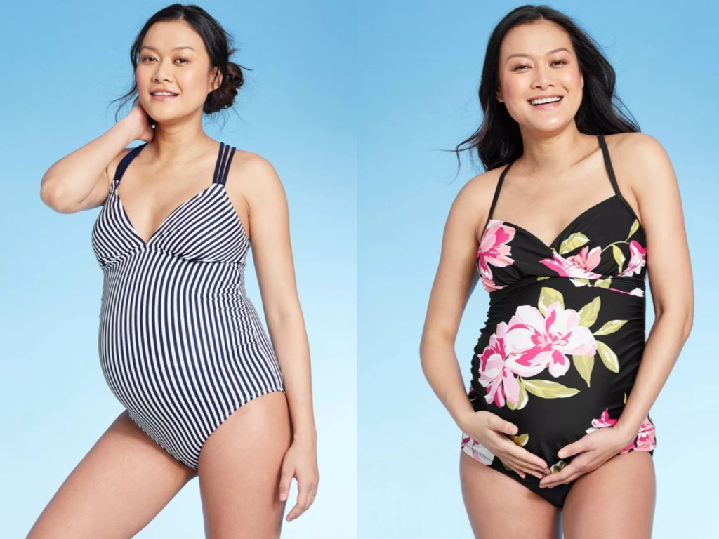 navy and white stripe and flower Isabel Maternity by Ingrid & Isabel Maternity Swimsuits