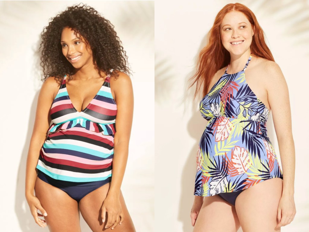 two women wearing stripe and flowered Isabel Maternity by Ingrid & Isabel Maternity Tops Swimsuits