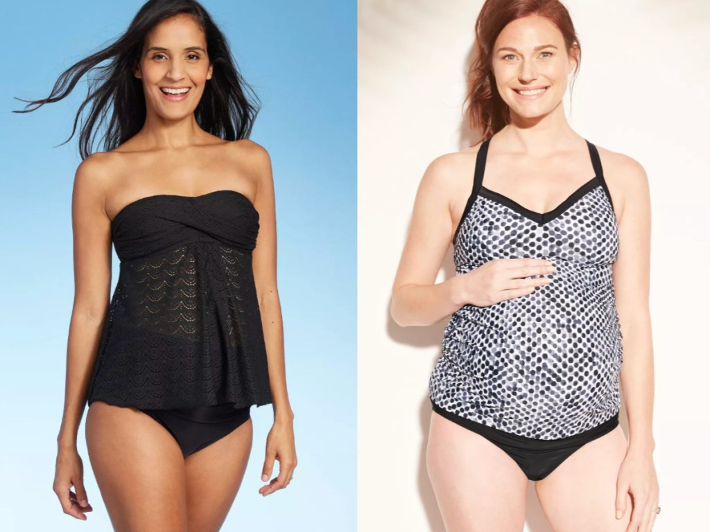 black strapless swim top and black and white patterned swim top from Isabel Maternity by Ingrid & Isabel Maternity