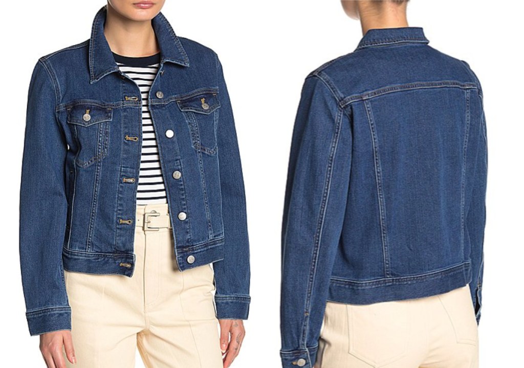 front and back of woman wearing j crew jean jacket