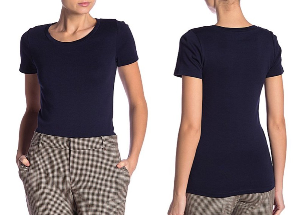 front and back of women wearing navy color j crew top