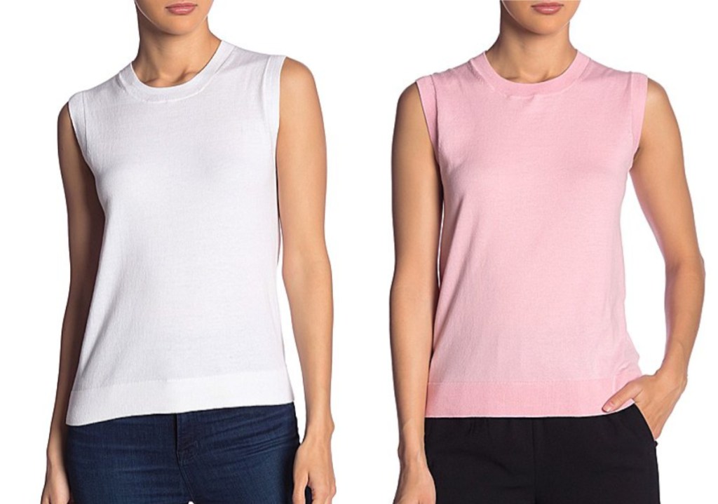two women wearing white and light pink j crew woman tops