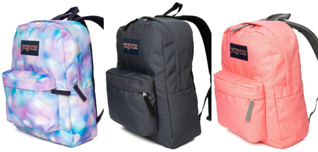 multicolored blue, purple, and pink backpack, gray backpack, and peach coral backpack