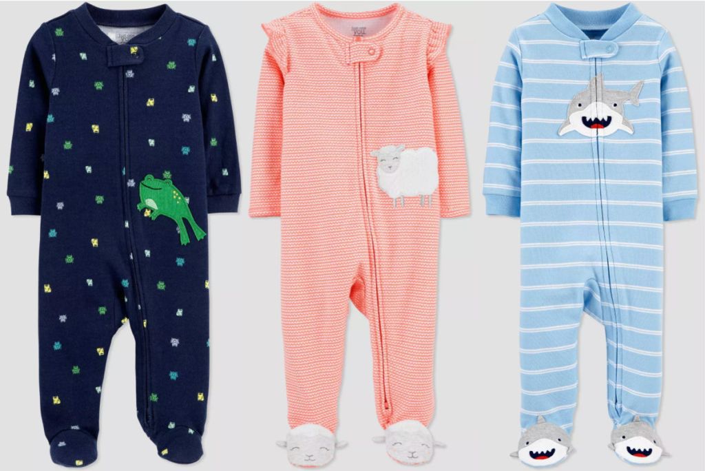 Just one you by carter's footed pajamas with dark blue and white polka dots and a frog, pink with sheet, and light blue stripes
