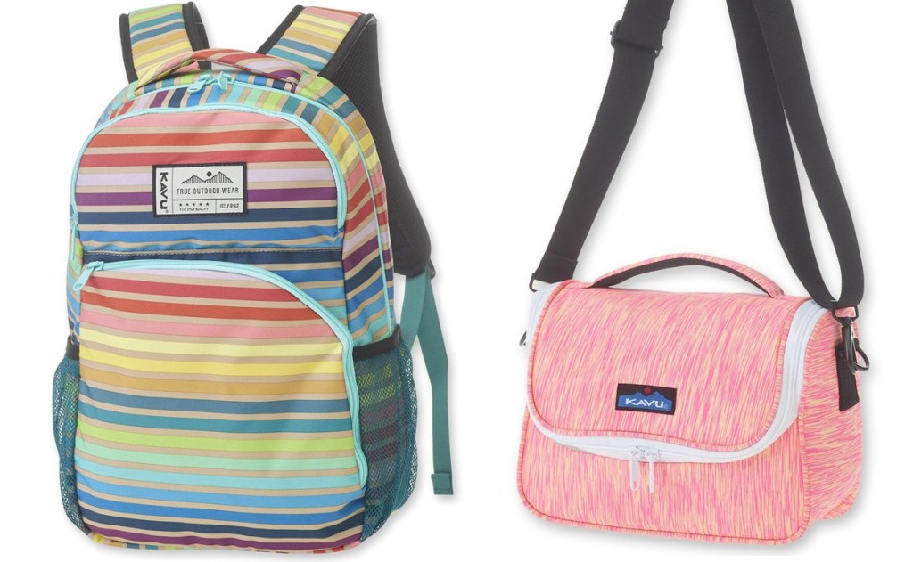 horizontal rainbow striped backpack and pink and white crossbody bag with black straps