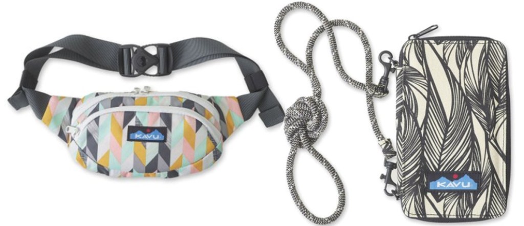 chevron print fanny pack and black & white leaf print wristlet with rope strap