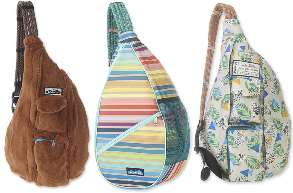 three sling backpacks in fuzzy brown, rainbow strips, and tropical print
