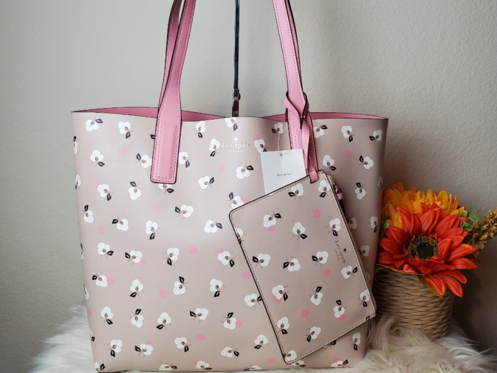 beige and pink floral tote