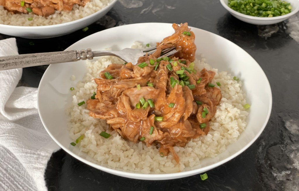 a plate of Keto Bourbon Chicken, one of our easy chicken thigh Crock Pot recipes