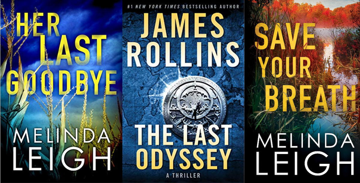 Three book covers with Her Last Goodbye, The Last Odyssey, and Save your breath