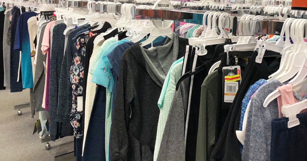 store display rack of apparel in clearance section