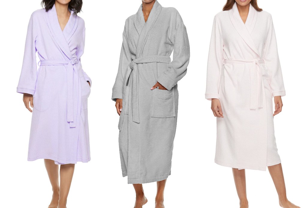 three women modeling bath robes in lilac, grey, and light pink colors