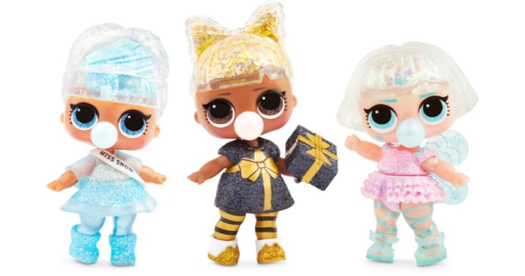 3 L.O.L. Surprise! winter glitter dolls standing next to each other