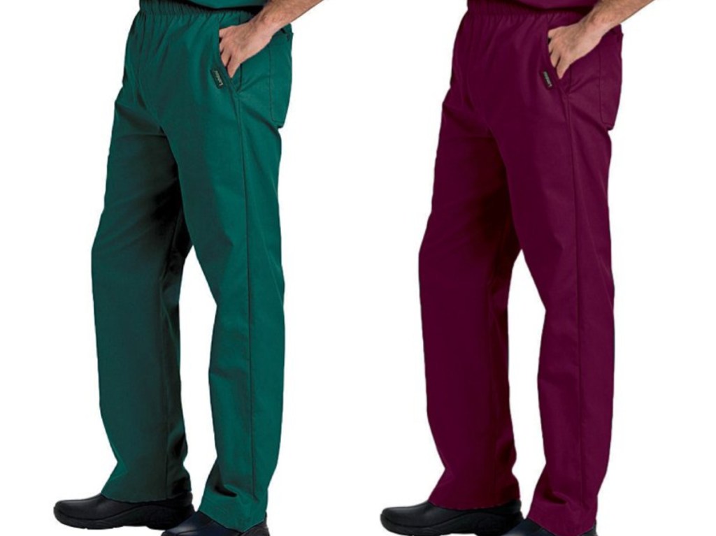 Two men standing next to each other wearing green and burgundy scrubs