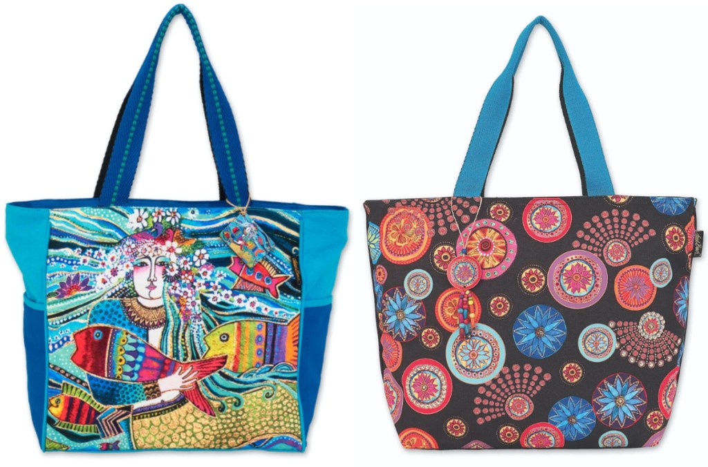 one large blue fish and woman design tote bag and large floral circles tote bag