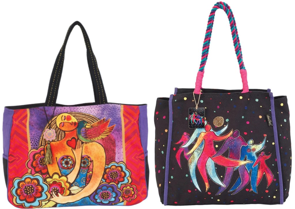colorful large tote with woman and floral design and large purple and pink tote with dancing silhouettes design