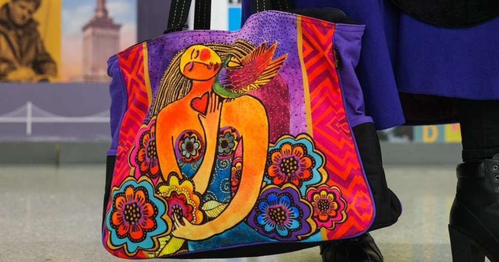 colorful large tote with woman and floral design