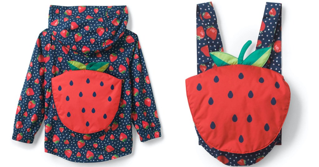 blue and strawberry printed rain jacket/backpack