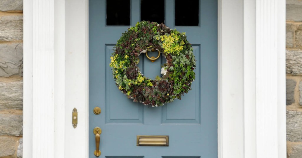 blue front door with Living Succulent Wreath