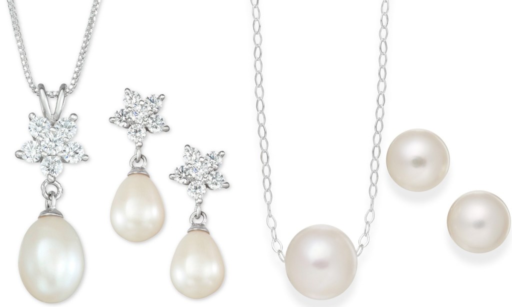 necklace and earring sets, one with drop shaped pearl necklace and matching earrings, and one with single pearl on chain with pearl earrings