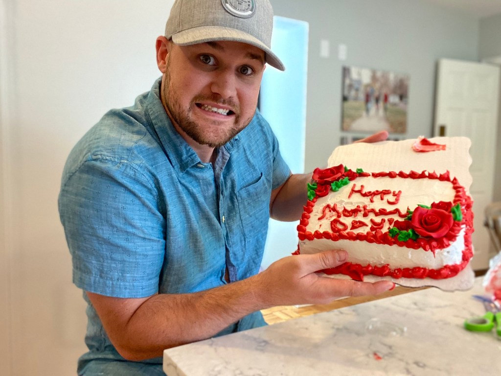Man with DIY Cake for mom