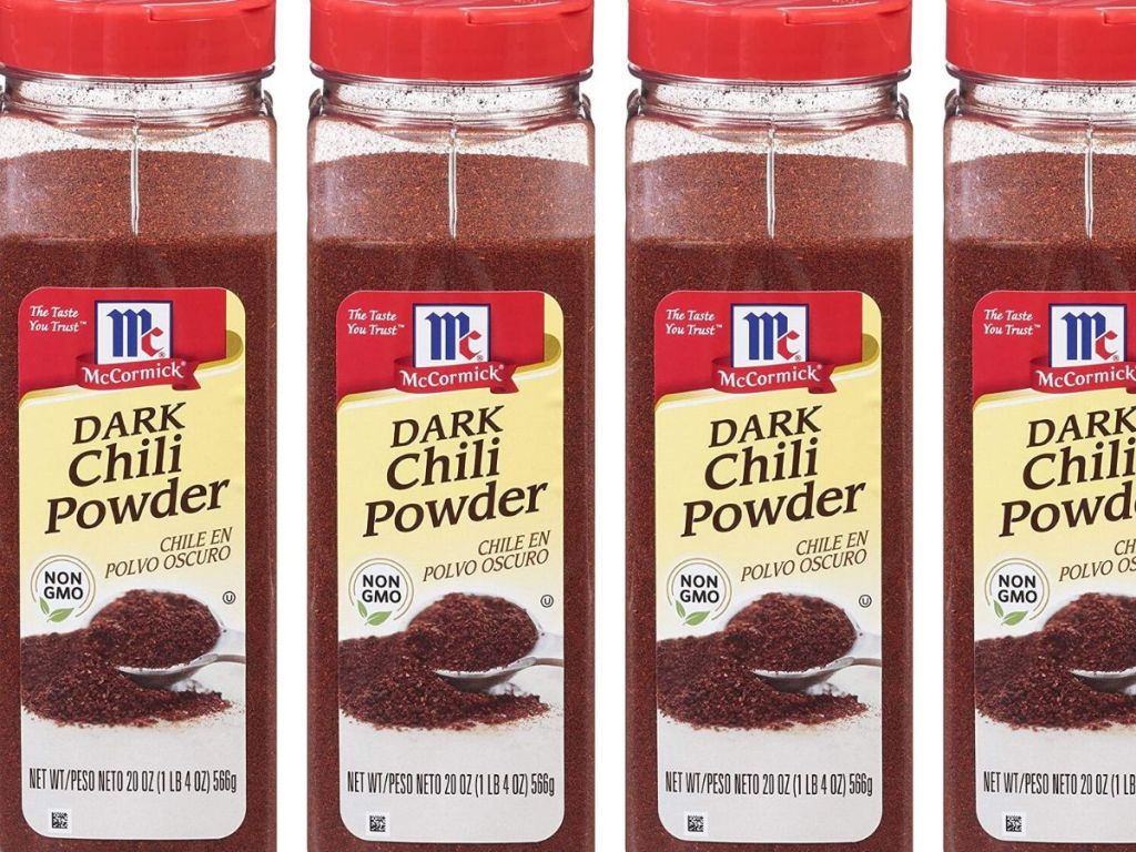 four bottles of McCormick Dark Chili Powder