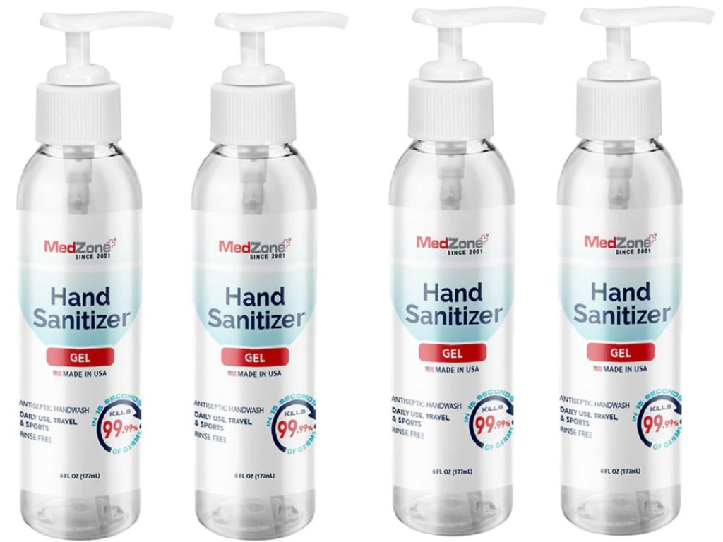 four bottles of MedZone Hand Sanitizing Gel with Pump 6 fl oz