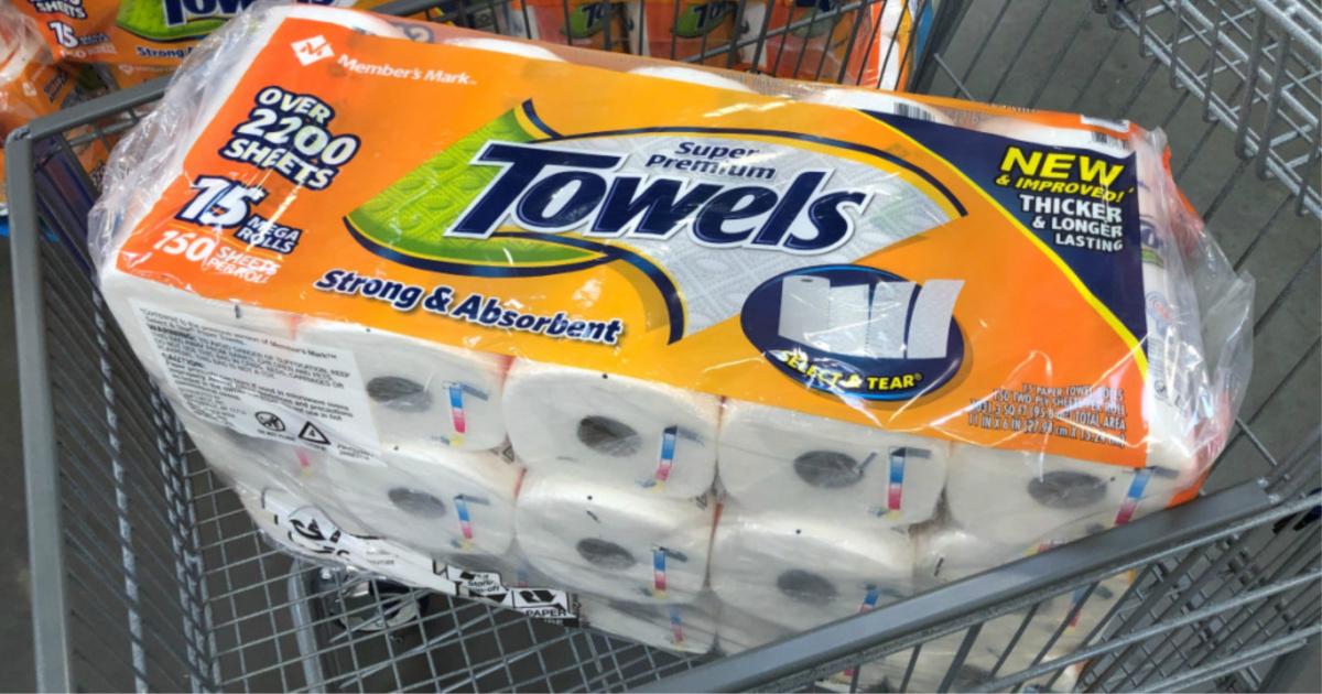 Members Mark paper towels in cart in store