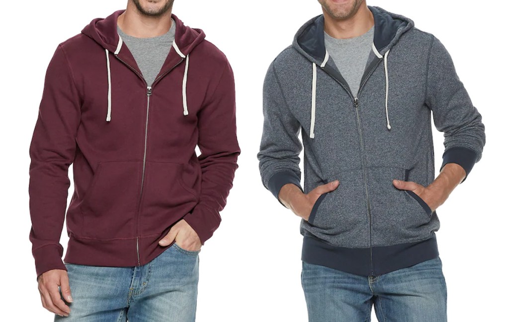 two men modeling zip-up hoodies in maroon and navy blue colors