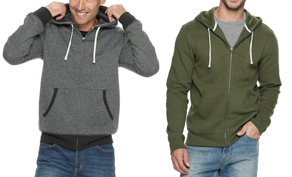 two men modeling zip up hoodies in olive green and grey colors