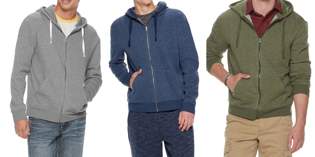 three men modeling zip-up hoodies in grey, blue, and olive green