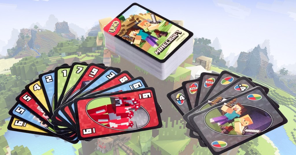minecraft themed uno playing cards with minecraft game in background