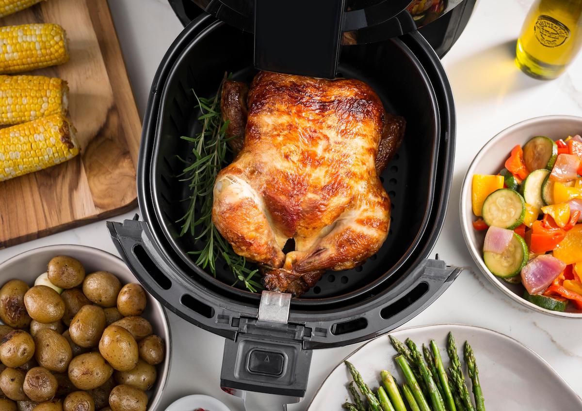 air fryer with a chicken in it