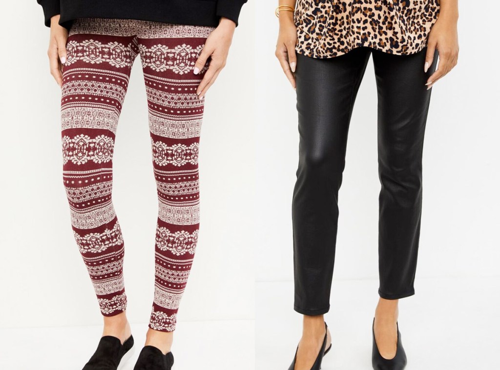 two women modeling leggings in red and white fair isle print and black faux leather
