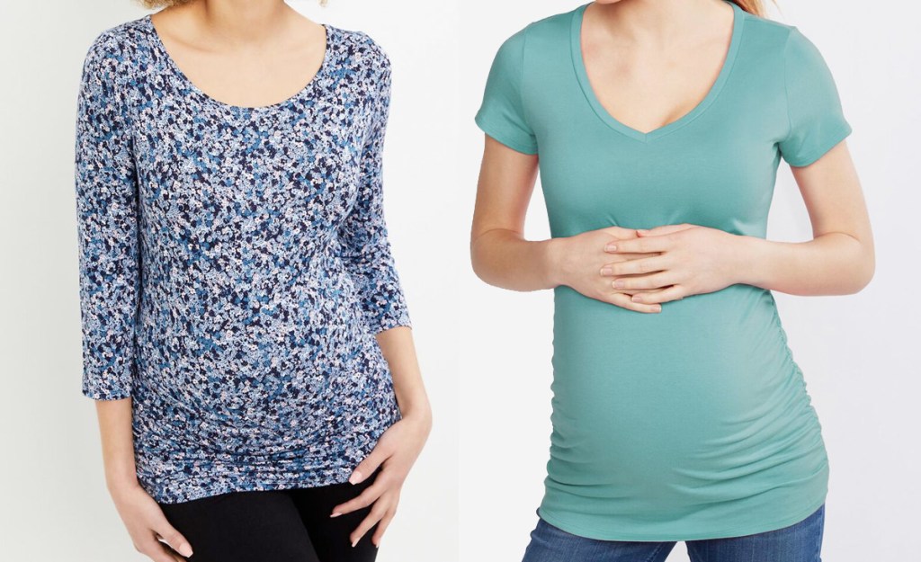 two women modeling maternity tops in blue floral print and teal color