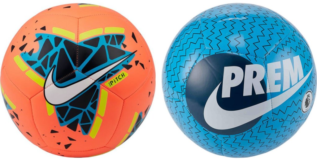 orange soccer ball and blue soccer ball with Nike logos