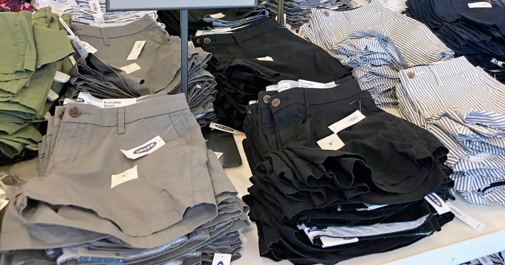 store display table of womens shorts in grey and black colors
