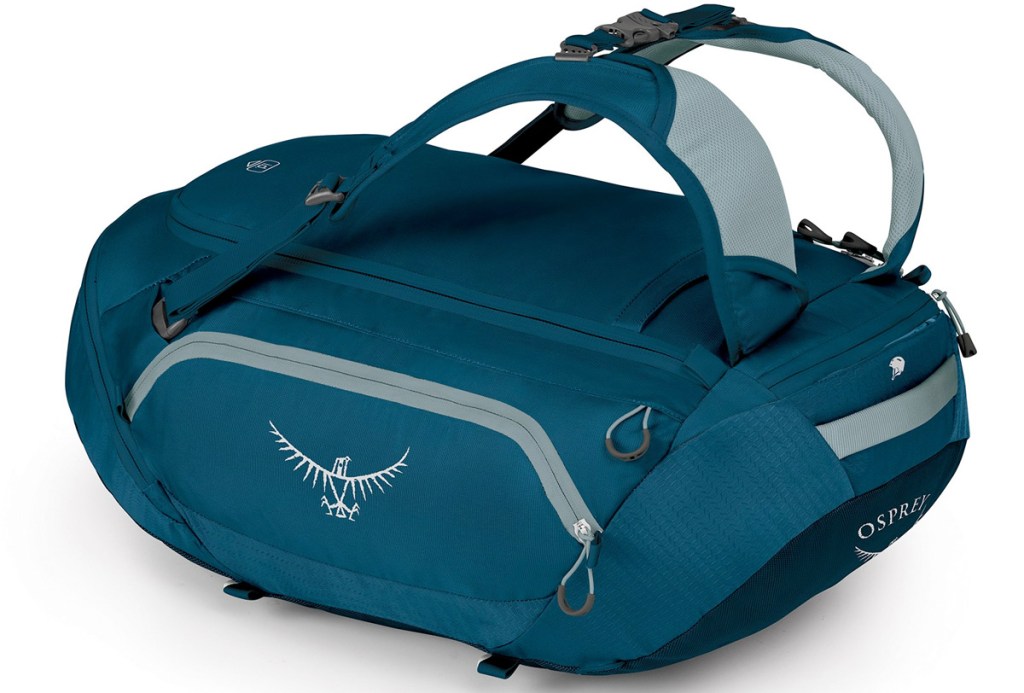teal colored duffle backpack with light grey zippers and straps