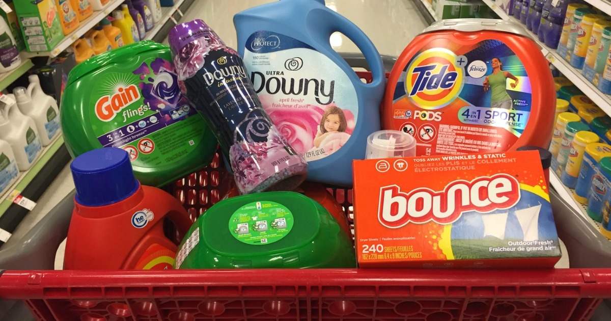 shopping cart full of laundry detergent and fabric softeners