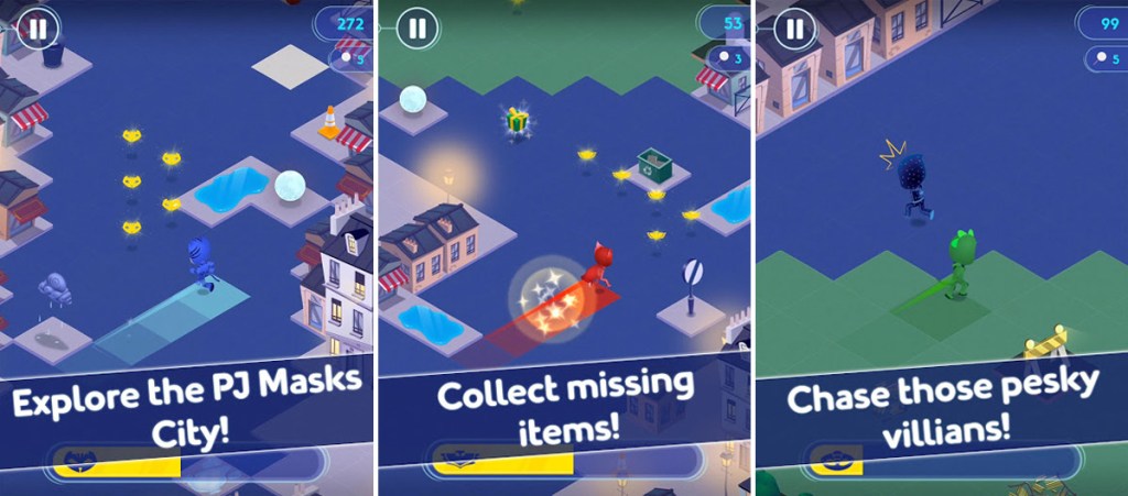 three screenshots from the pj masks super run city game app