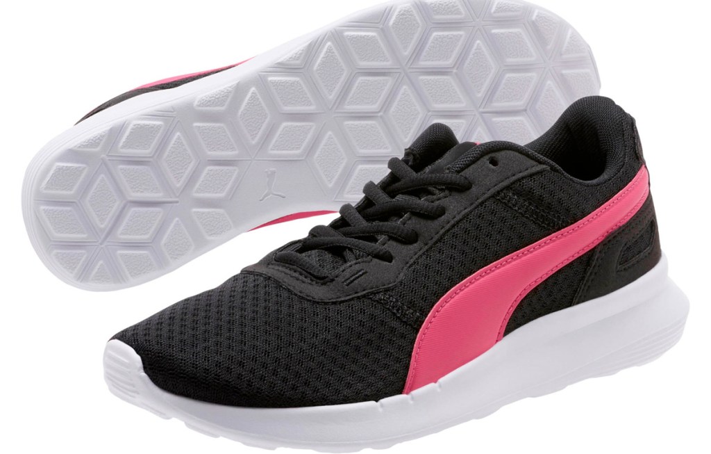 womens black puma shoes with neon pink stripes and white soles