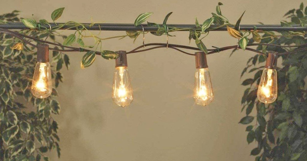 patio string lights on trellis with vines